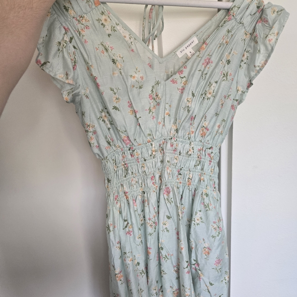 Blu Pepper Mint Floral V-Neck Smocked Midi Dress